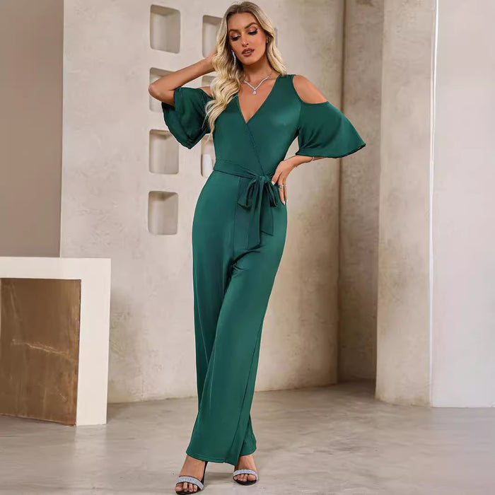 Sexy V neck Bell Sleeve Casual One Piece Trousers Women Summer Wear