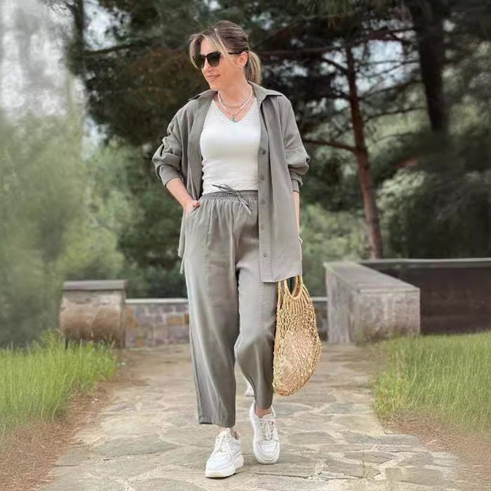 Women Suit Spring Summer Loose Fitting Long Sleeves Shirt Lace Up Casual Cropped Pants