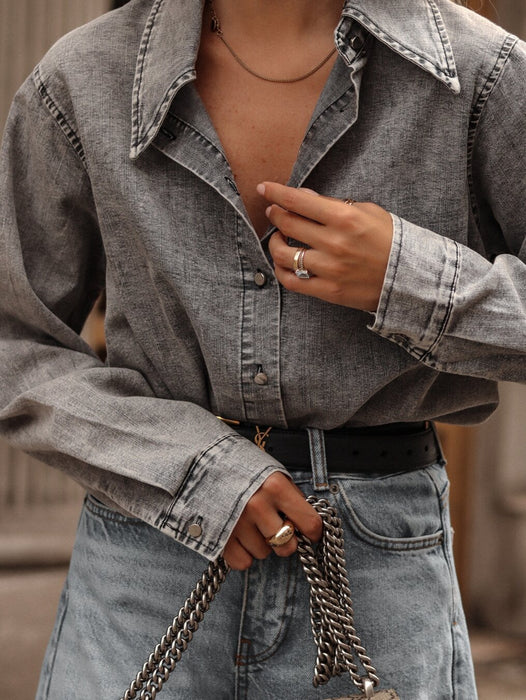 Autumn Winter Collared Casual Street Denim Shirt Women