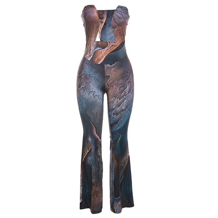 Women Clothing Autumn Winter Sexy Tube Top Backless Abstract Printing High Waist Long Jumpsuit