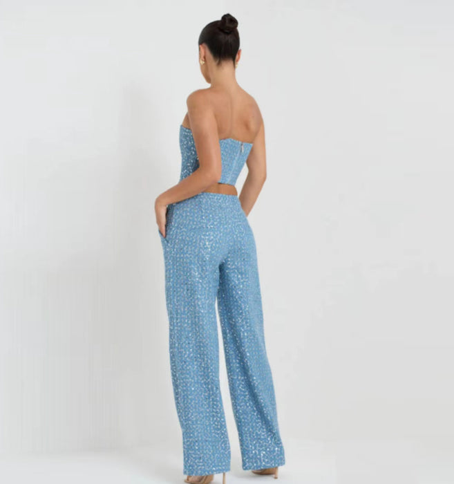 Spring Summer Denim Sequ Tube Top Wide Leg Pants Suit