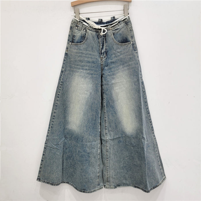 Korean Chic Drawstring Low Waist Jeans Women Autumn Loose Wide Leg Mop Pants High Street