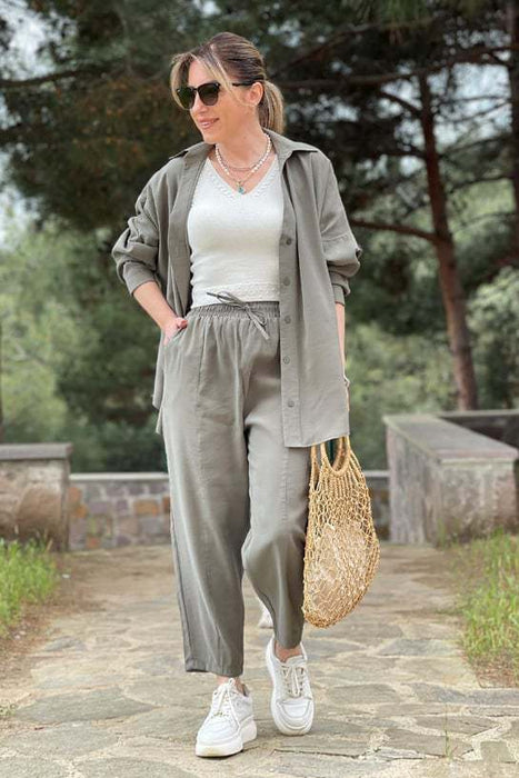 Women Suit Spring Summer Loose Fitting Long Sleeves Shirt Lace Up Casual Cropped Pants