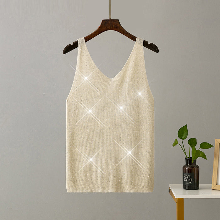 【MOQ-5 packs】 Summer Knitted Camisole Bright Line Diamond V Neck Solid Color Slim Fit Sexy Vest