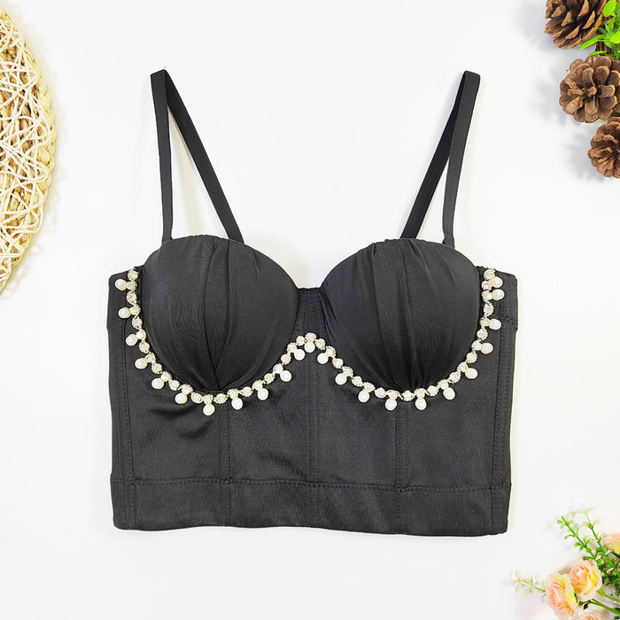 Fashionable All Match Pearl Drill Chain Boning Corset Bra Outer Wear With Steel Ring Comfortable Back Shaping Pleated Carnival Tube Top