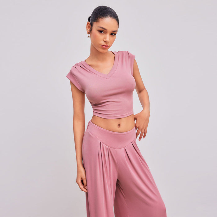 Women Casual Simple Suit Summer Top Wide Leg Pants Two Piece Set