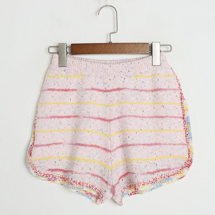 Classic Pink Sweet Knitted Two Piece Summer Autumn Striped Color Matching Cardigan Shorts sets