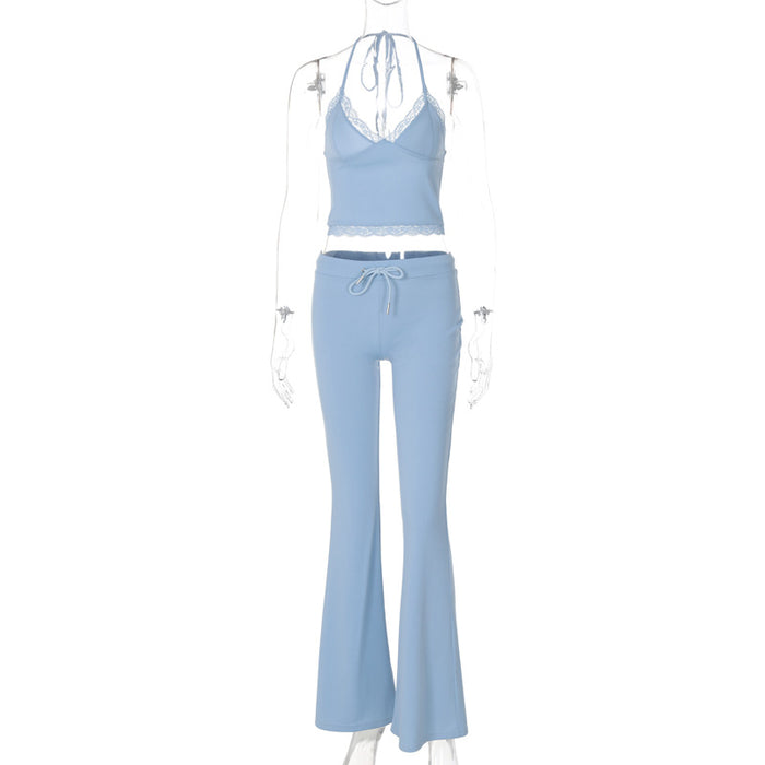 Women Summer Sexy V Neck Bandeau Sling Slim Fit Tied Wide Leg Pants Suit