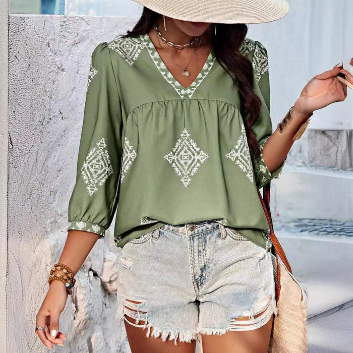 Women Clothing Summer Printed Bags Three Quarter Sleeve V neck Women Top