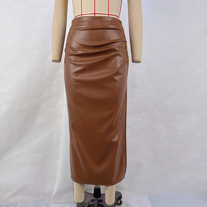 Women Clothing Spring Summer Solid Color Faux Leather High Waist Ruched Split Skirt Women