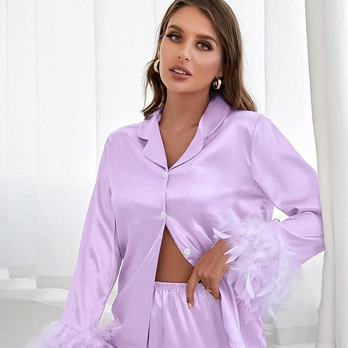 Summer Thin Satin Ice Silk Pajamas Suit for Women Solid Color Feather Can Be Outerwear Homewear