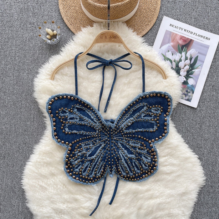 Top Denim Sling Heavy-Duty Beaded Women Summer Backless Strap Halter Butterfly Design Top