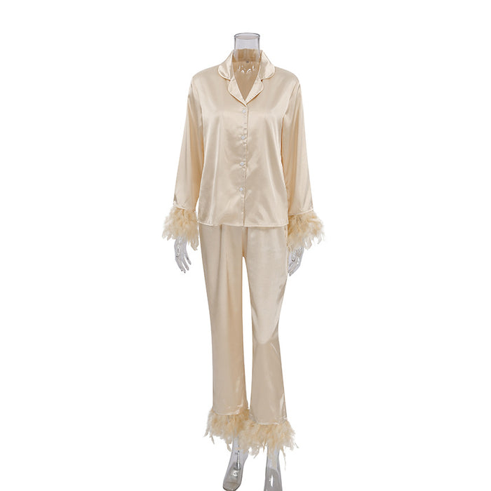 Summer Thin Satin Ice Silk Pajamas Suit for Women Solid Color Feather Can Be Outerwear Homewear