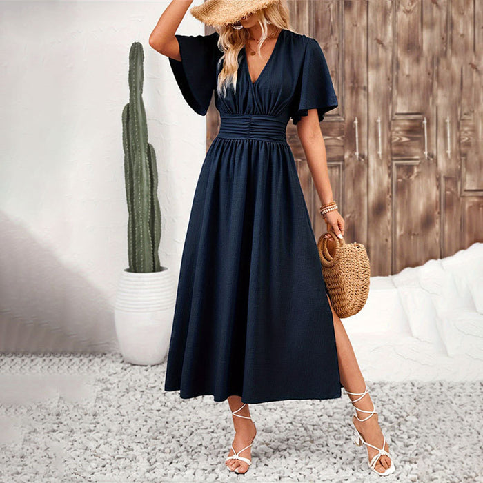 Women Ruffle Sleeve High Slit Elastic Waist Dress Solid Color Maxi Dress Summer Women Sense of Youth