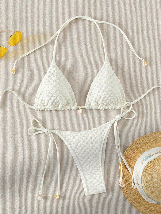 Swimwear Shell Bikini Lace Up Sexy Bikini Women Pure Colored Fresh Split Swimsuit