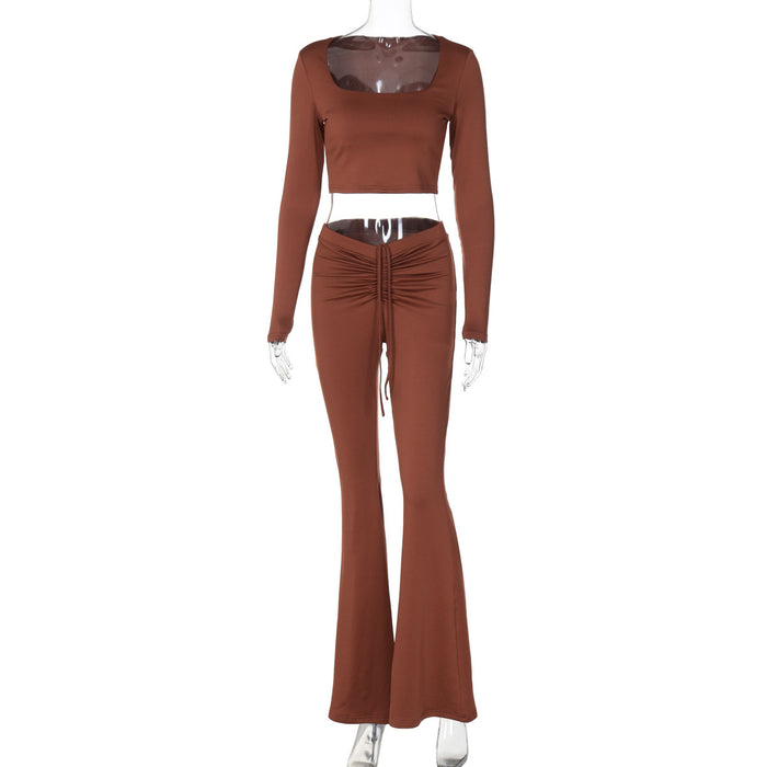 Winter Solid Color Long Sleeved Top Drawstring Ruffle Flared Pants Suit Women