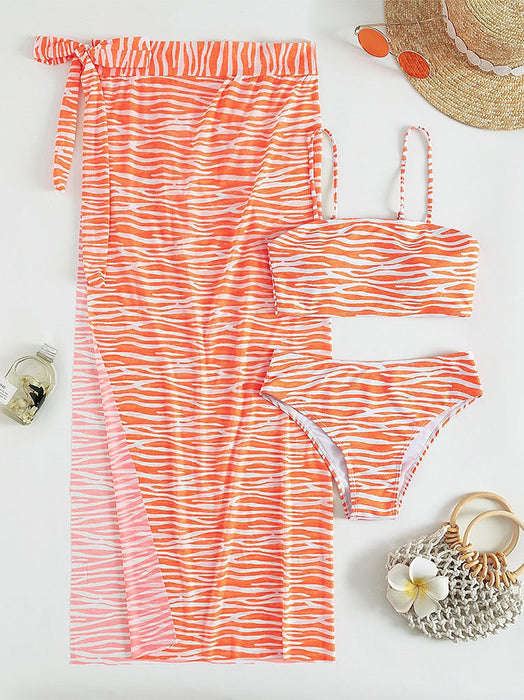 Sexy Three Piece Bikini Swimsuit Striped Cardigan Skirt Three Piece Split Swimsuit