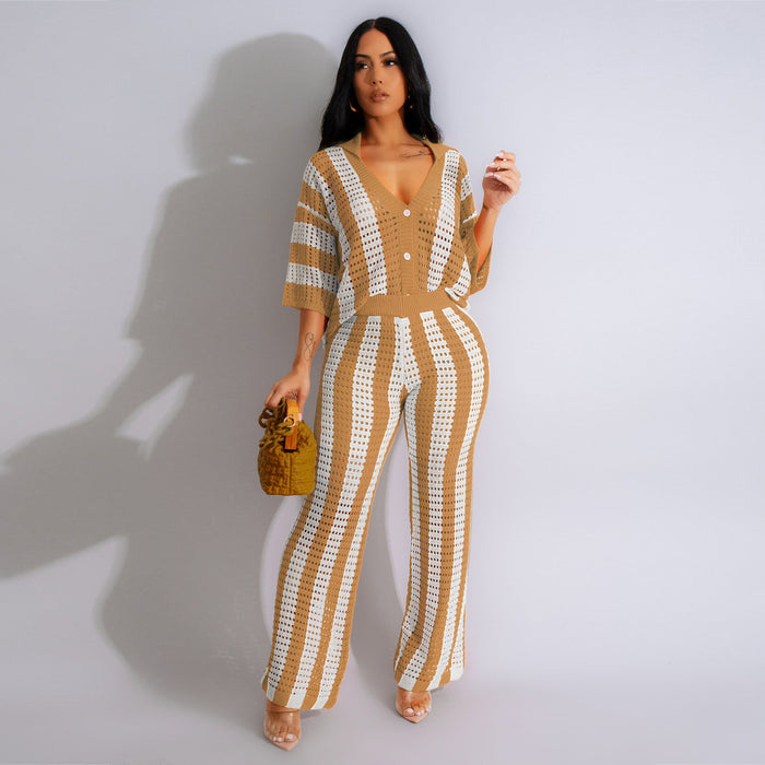 Women Clothing Sexy Ladies V neck Hollow Out Cutout Striped Collared Knitted Wide Blouse Pants Sets