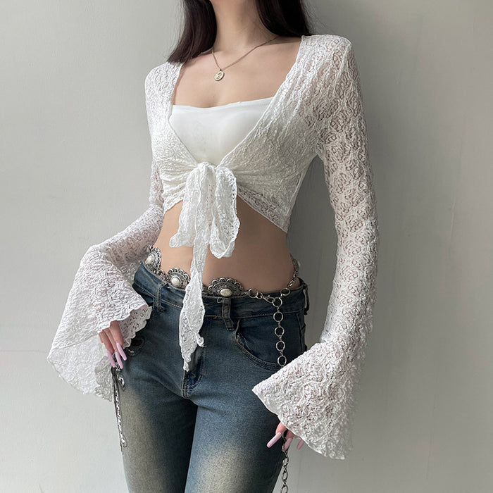 Vacation Solid Color Base Light Hollow Out Cutout Loose Flared Sleeve Cardigan Sexy Lacing Sun Protective Blouse