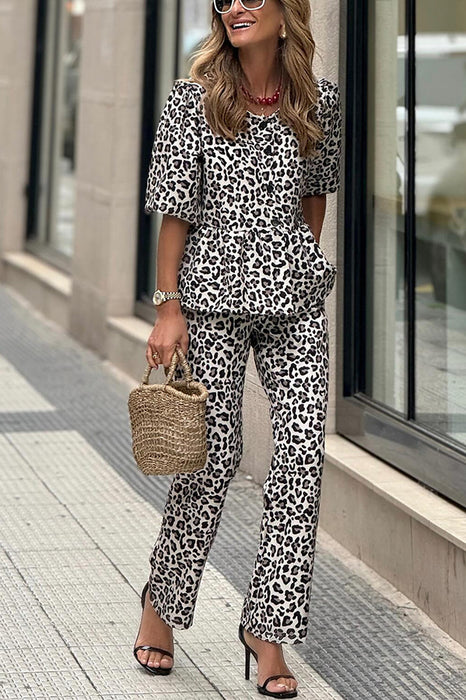 Casual Printing Leopard Cardigan Trousers Two Piece Suit