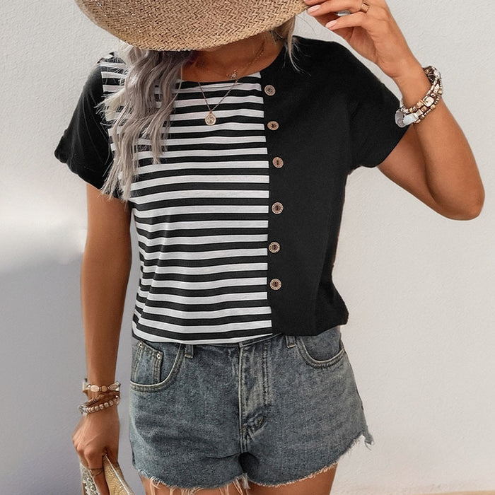 Summer Women Short Sleeve Striped Stitching T Shirt Women