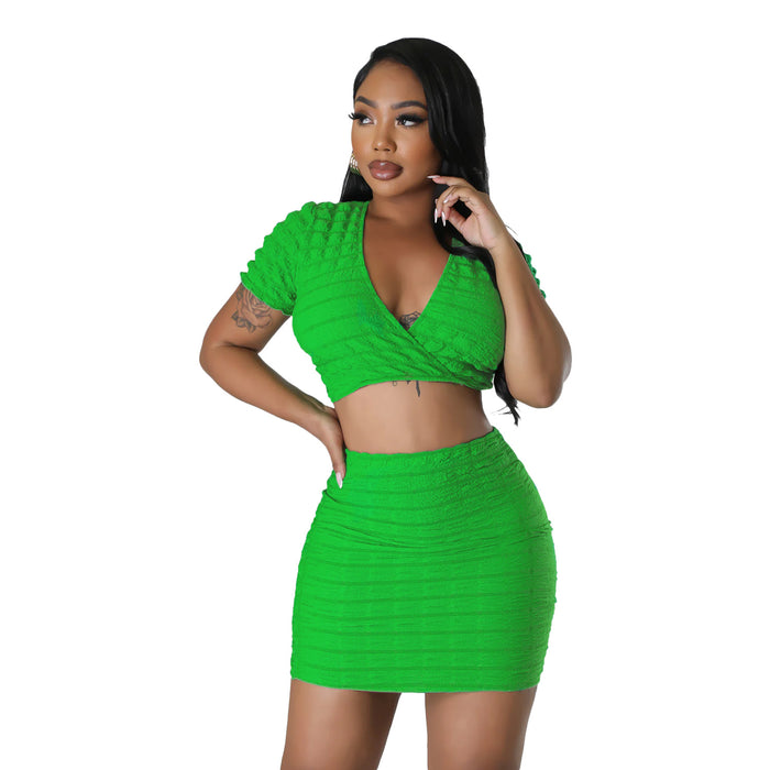 Summer Women Clothing Sexy Popcorn Bubble Two Piece Skirt Set