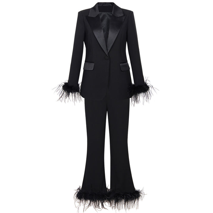 Spring Autumn Internet Ostrich Feather Suit Two Piece Set Elegant Dress Women Pants Suit