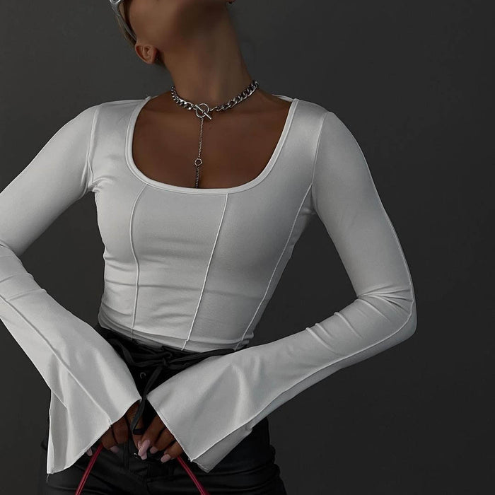 Flare Sleeve T Shirt Women U Collar Sexy Tight Short Top Solid Color Backless Lace Up Bottoming Shirt