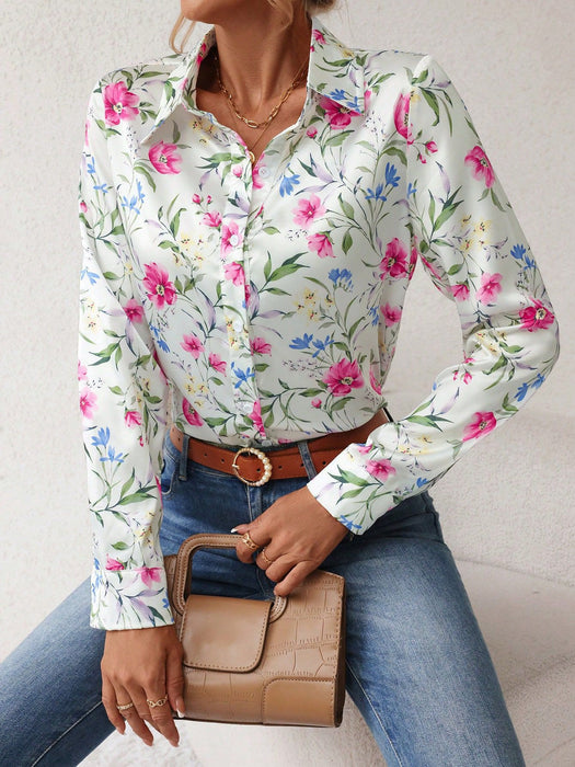 Spring Summer Holiday Floral Digital Printing Long Sleeved Shirt Women Clothing