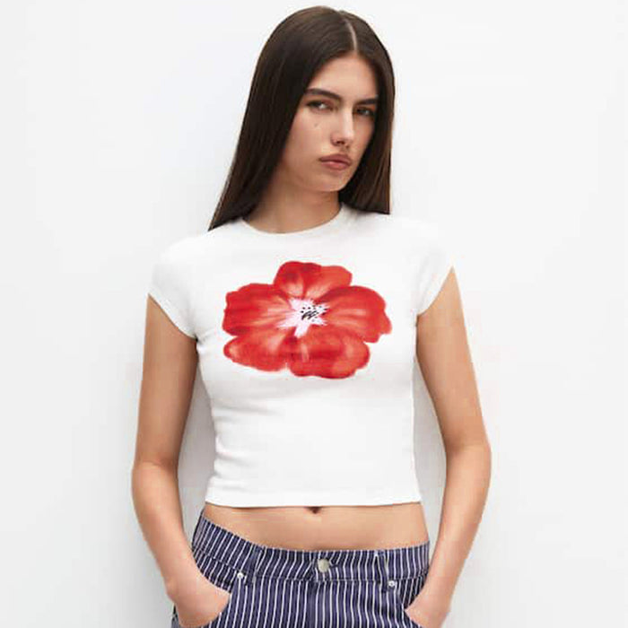 Women Clothing Street Print round Neck Short Sleeved Cropped T Shirt