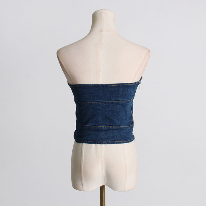 Sexy Retro Blue Denim Tube Top for Women Autumn Sexy Slim Slimming Short Vest