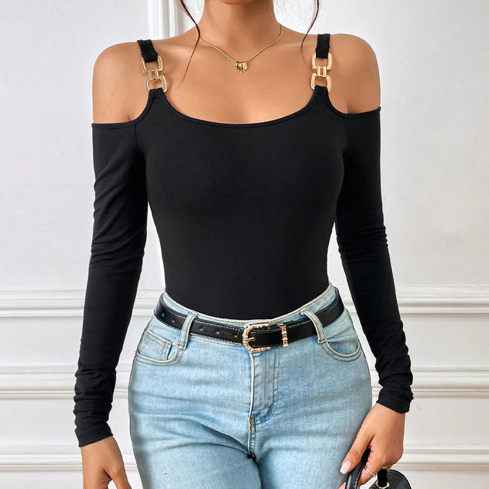 Sexy Design Metal Hook Narrow Shoulder Long Sleeved Vest Women Retro Thread Knitted Slim Fit Pure Top