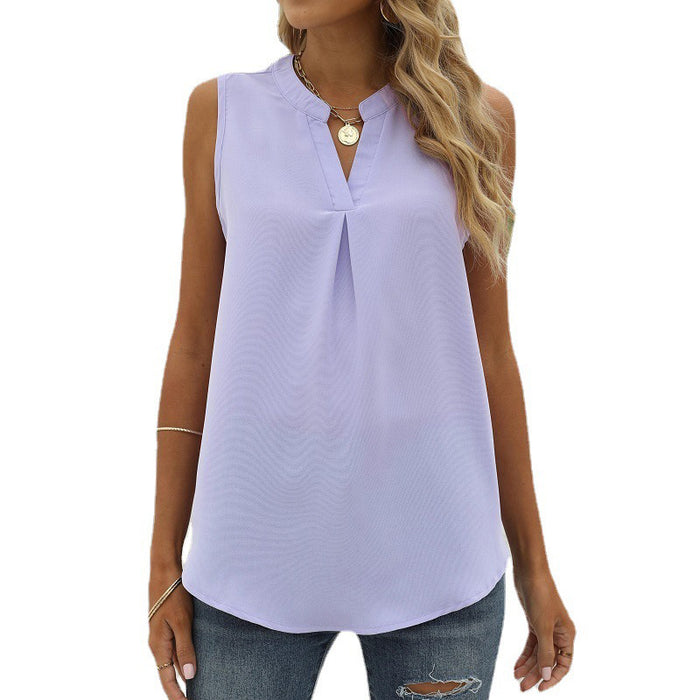 Women Clothing Spring Summer Solid Color Chiffon Shirt Loose V neck Pullover Sleeveless Top Vest