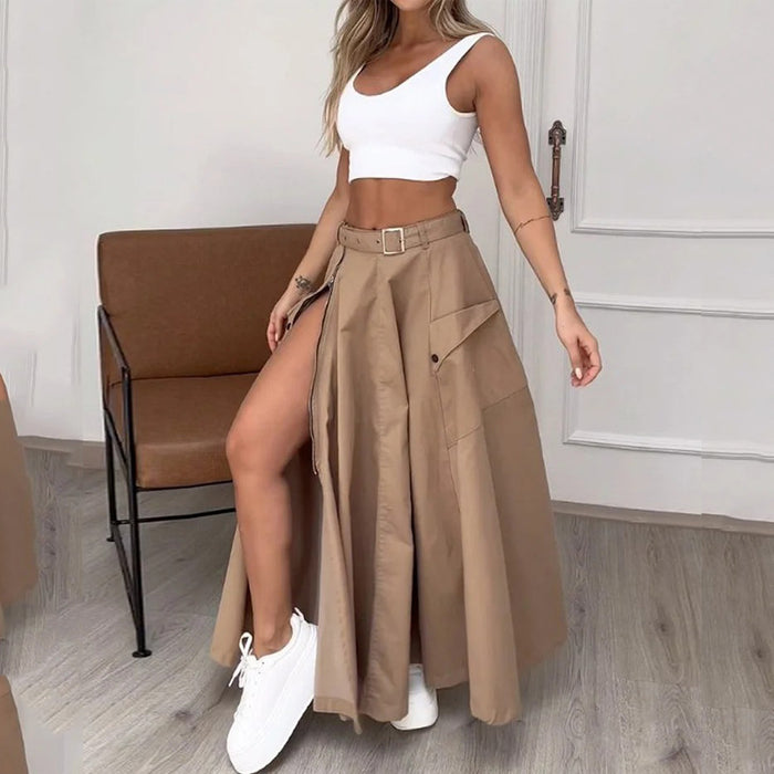 Ladies Set Summer Sleeveless Solid Color Slit Two Piece Set