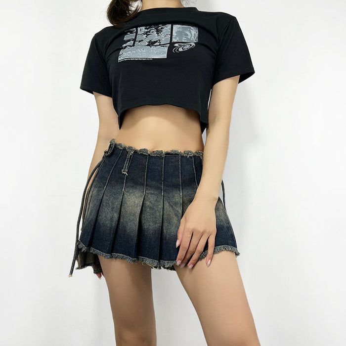 Sexy Denim Skirt Women Summer All-Match Distressed Frayed Edge High Waist with Straps Pleated Skirt