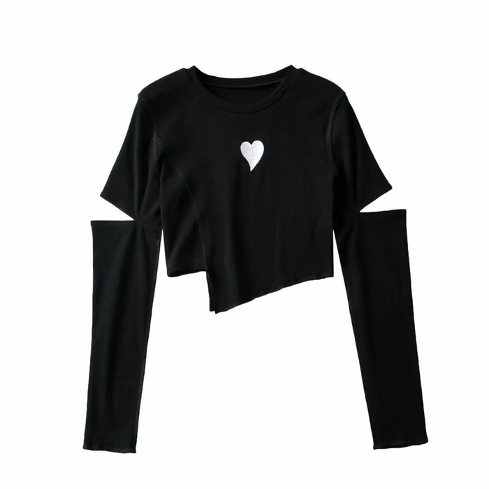 Irregular Asymmetric Long Sleeve T shirt Women Autumn Chest Love Embroidered Slim Cropped Top