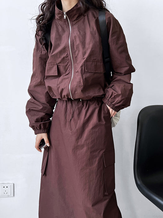 Short Jacket Drawstring Skirt Two Piece Outdoor Sports Cargo Suit Women