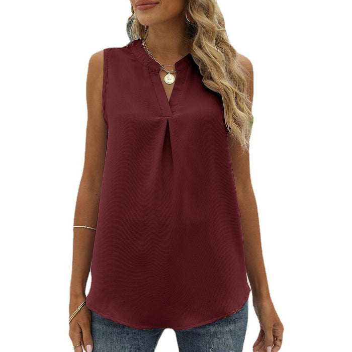 Women Clothing Spring Summer Solid Color Chiffon Shirt Loose V neck Pullover Sleeveless Top Vest