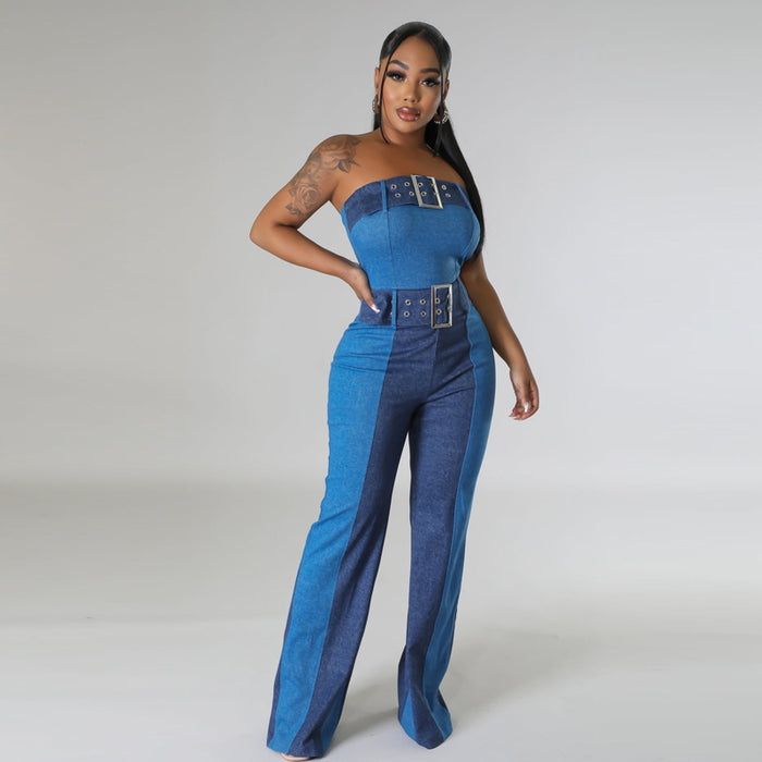 Women Clothing Patchwork Tube Top Lace Up Waist Controlled Imitation Denim Jumpsuit