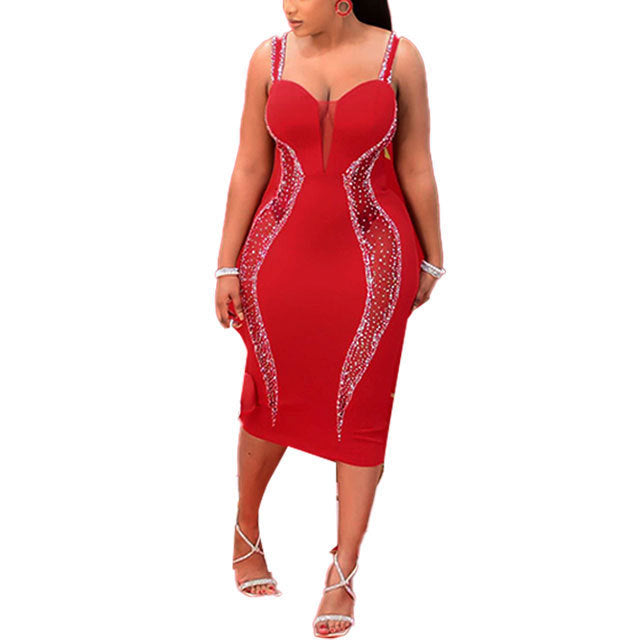 Sexy Rhinestone Stitching Hollow Out Cutout Out See Through Hip Stretch Slim Strap Dress