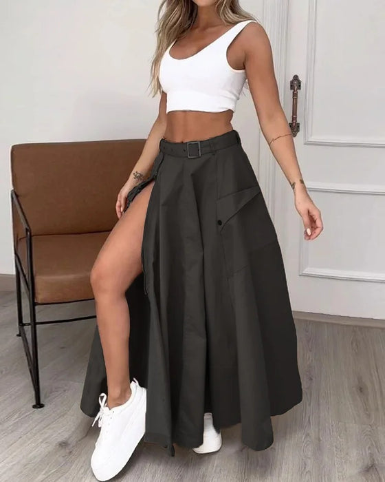 Ladies Set Summer Sleeveless Solid Color Slit Two Piece Set