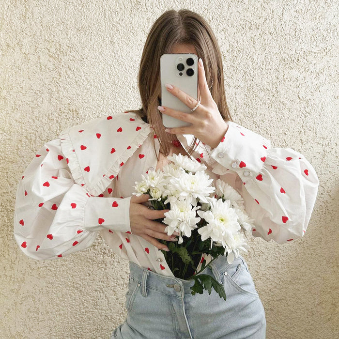 Heart Printing Shirt Summer Red Heart Printing Printed Peter Pan Collar Lantern Sleeve Shirt