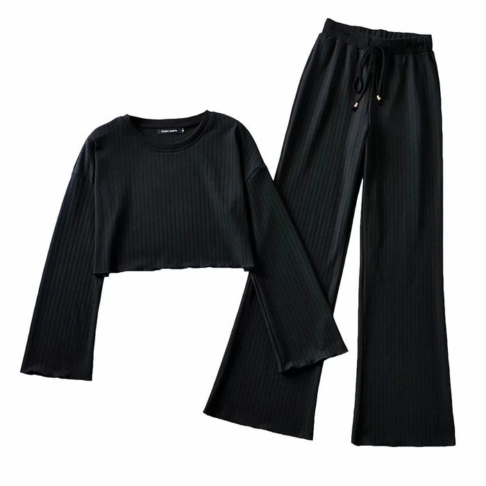 O-neck Short Sweater High Waist Slimming Mop Bell-Bottom Pants Thread Casual Sports Two-Piece Set