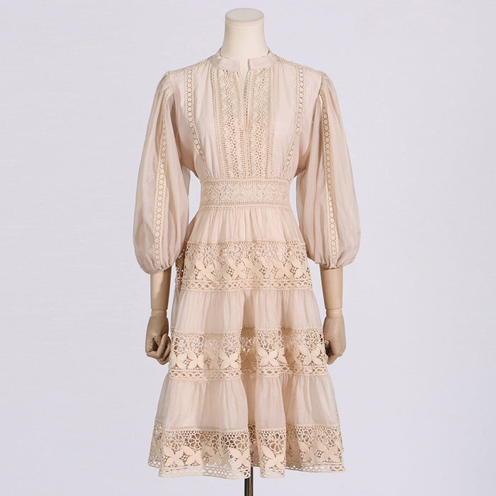 Elegant Intellectual Puff Sleeve Waist Slimming Short Dress Lace Embroidery Short Dress Women