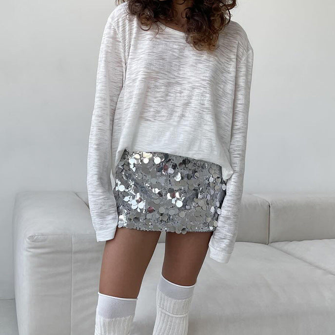 Women Clothing High Waist Sexy Sequin Sequined Slimming Skirt Slim Hip