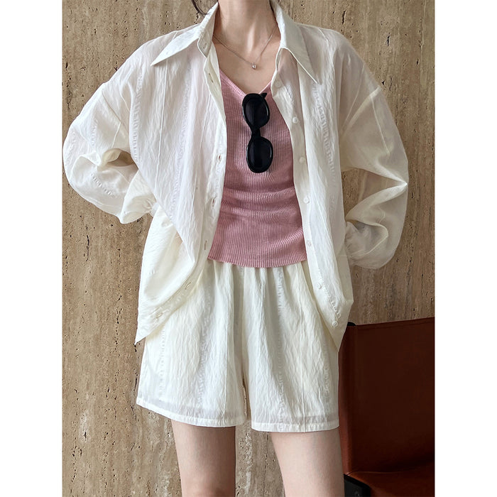 Idle Texture Tencel Pleated Sun Protection Shirt Shorts Two Piece Set Vacation Set