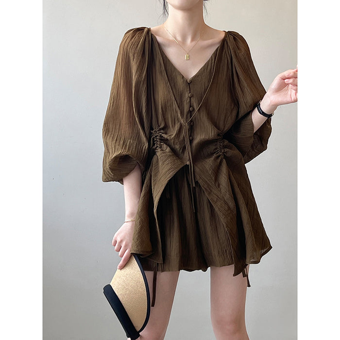 Tencel Retro Suit Women Summer V Neck Lace Up Pleated Drawstring Shirt Wide Leg Shorts