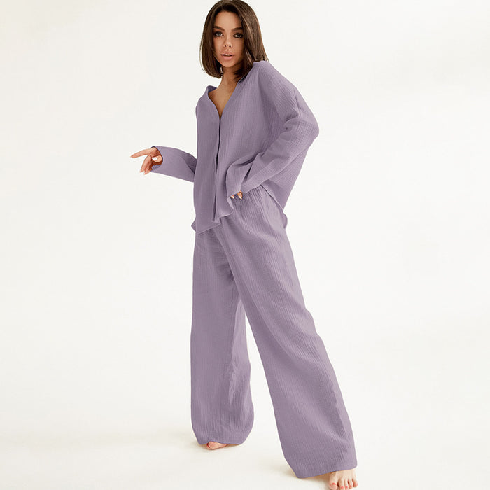 Summer Double Layer Crepe V-neck French Loose Comfortable Long Sleeve Pajamas Women Cotton Linen Homewear Set