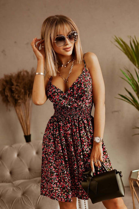 Women Clothing Summer Printed V neck Tight Waist Sexy Sling Dress