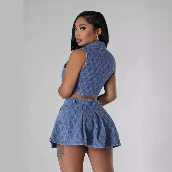 Women Casual Plaid Wash Denim Sets